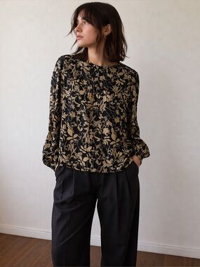 Natalie Busby Black Floral Cotton Poplin Top Blouse XS Boho Prairie Cottagecore